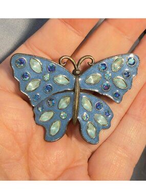 AVON Vintage Butterfly Brooch Blue Enamel Rhinestone NR Signed